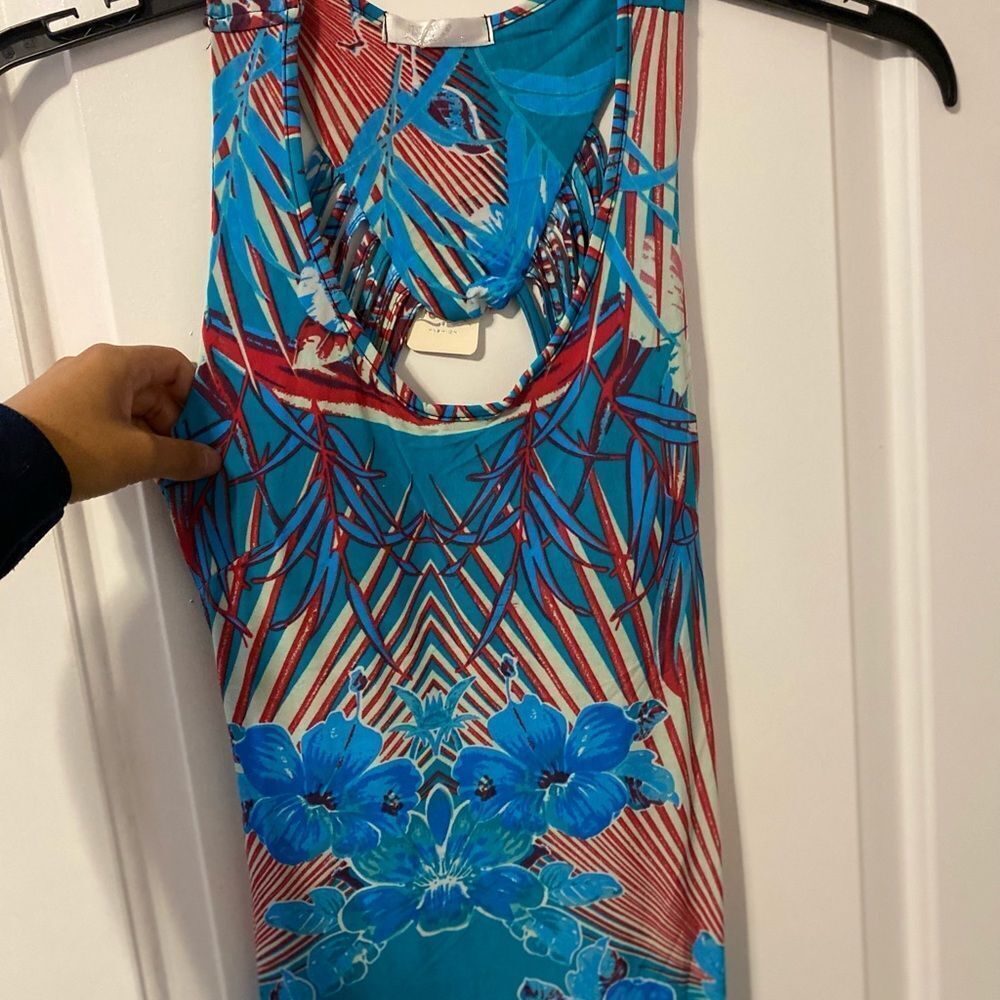 Julia Tropical Hibiscus Maxi Dress Womens Small Turquoise Red Fringe Cutout Back - Picture 2 of 6